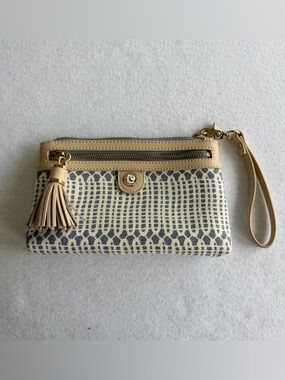 Spartina 449 Beige and Navy Woven Pattern Wristlet with Tassel